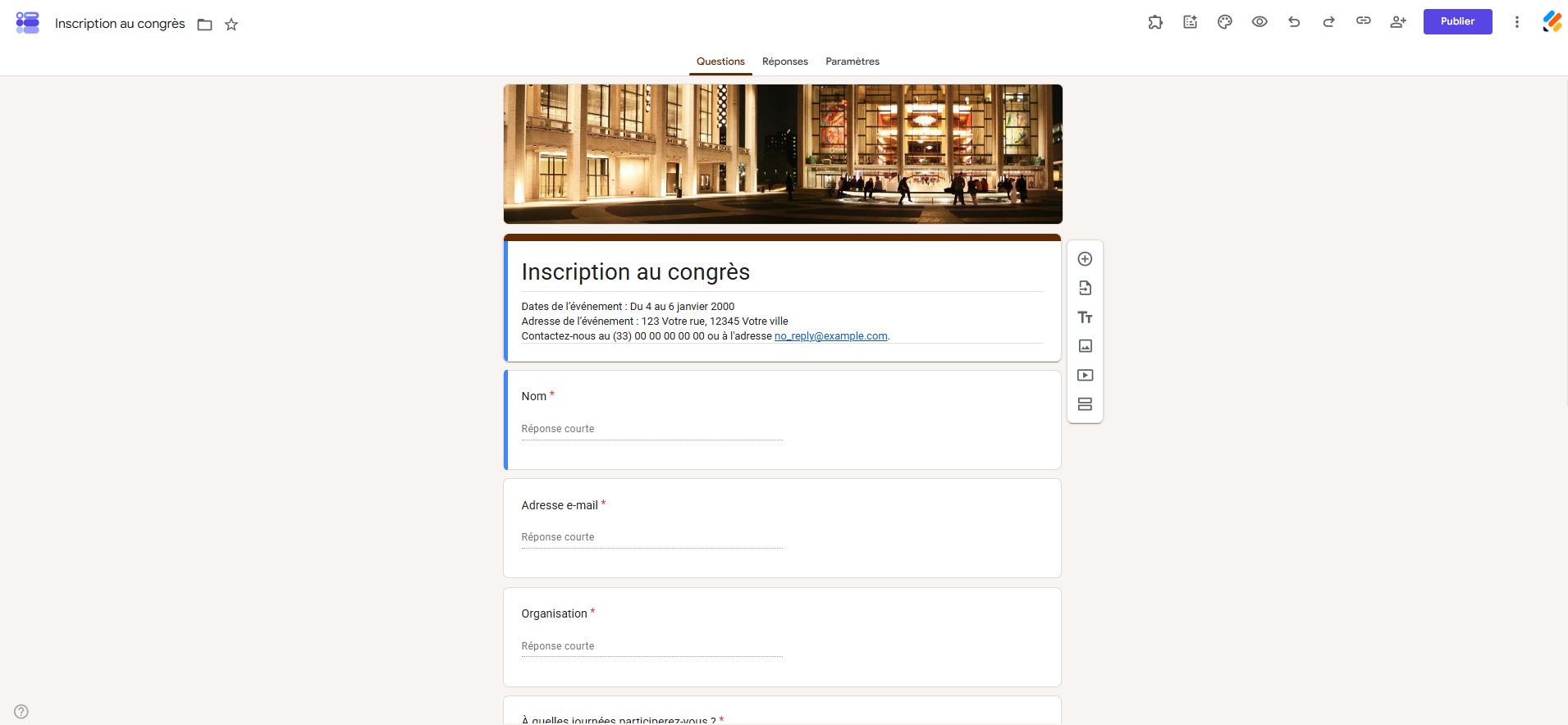 Capture d'écran du modèle Inscription au congrès dans la galerie de modèles de Google Forms