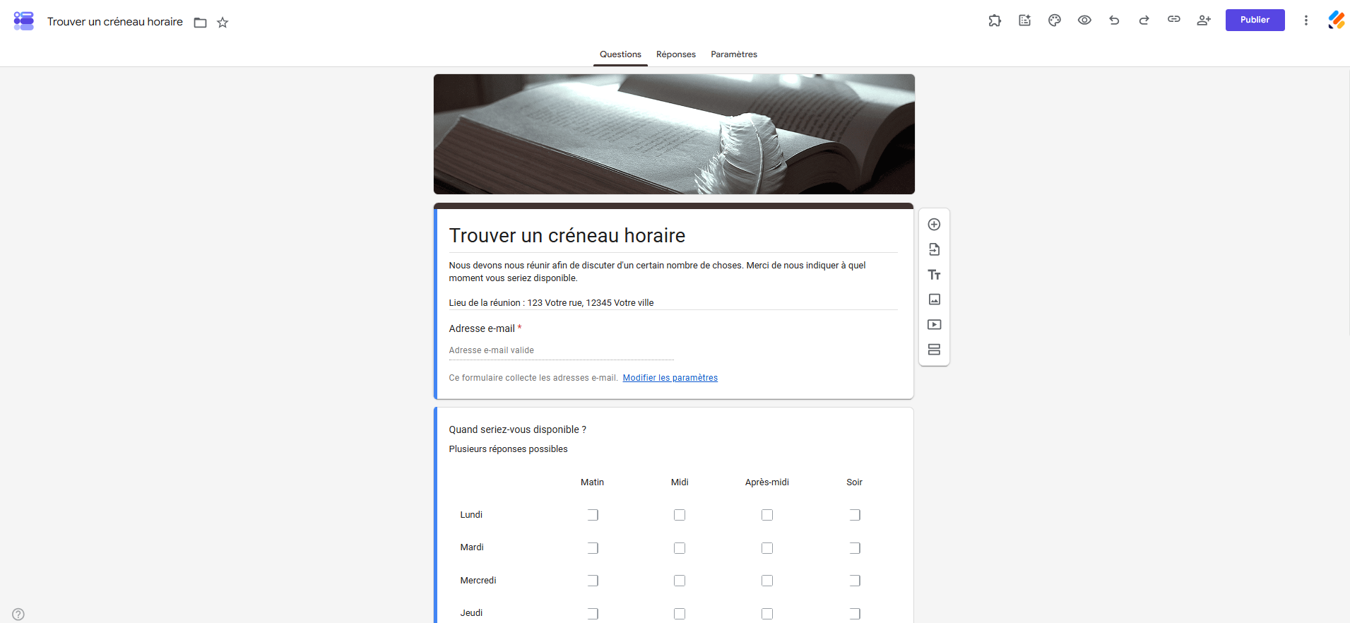 Capture d'écran du modèle Trouver un créneau horaire dans la galerie de modèles de Google Forms