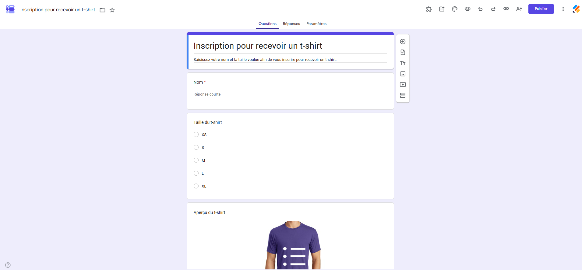 Capture d'écran du modèle de formulaire d'inscription pour recevoir un t-shirt dans la galerie de modèles de Google Forms