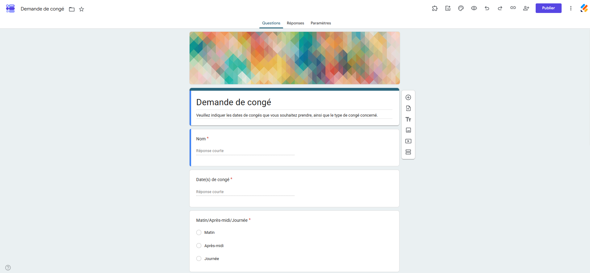 Capture d'écran du modèle de demande de congé dans la galerie de modèles de Google Forms