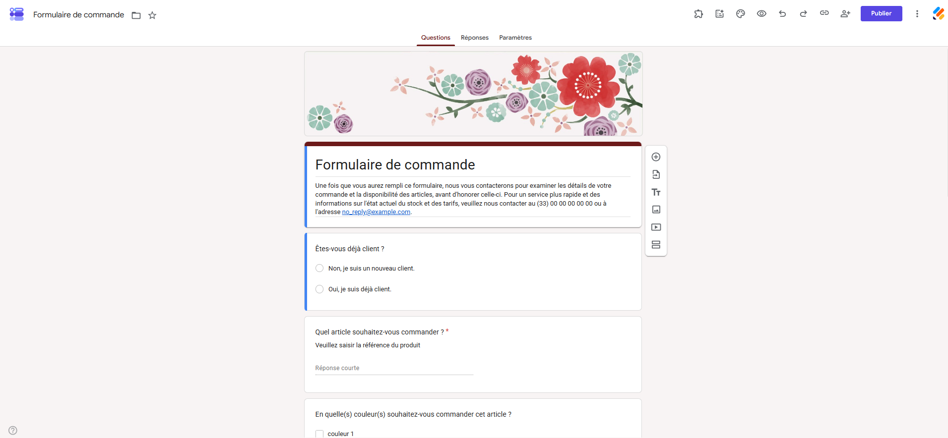 Capture d'écran du modèle de formulaire de commande dans la galerie de modèles de Google Forms