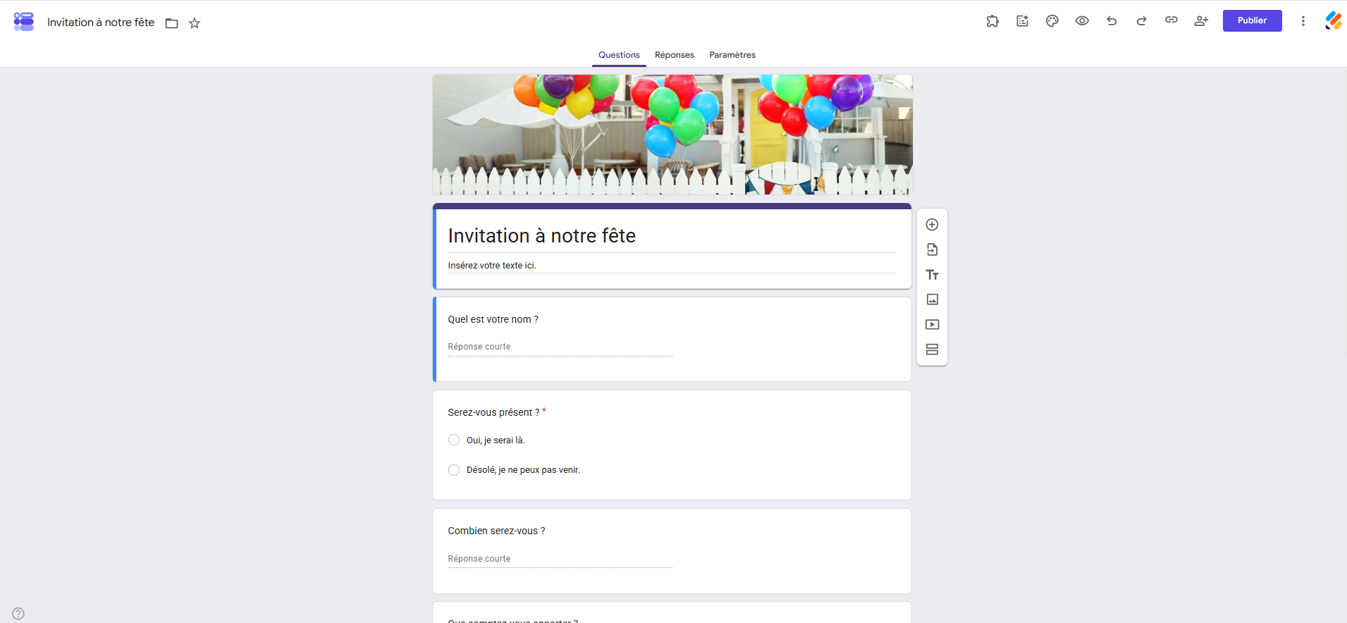 Capture d'écran du modèle Invitation à notre fête dans la galerie de modèles de Google Forms