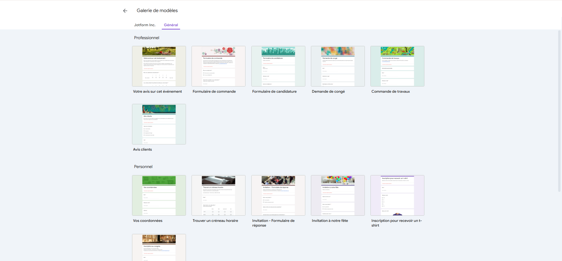 Capture d'écran des modèles dans la galerie de modèles de Google Forms