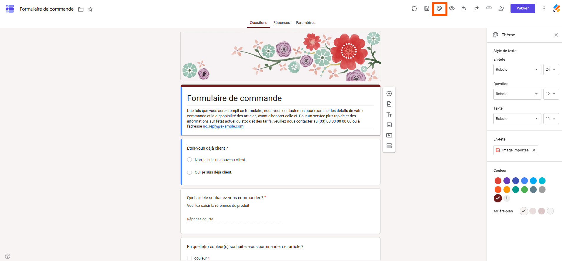 Capture d'écran d'un formulaire de commande avec un encadré autour de l'icône de palette de couleurs et le menu Thème ouvert