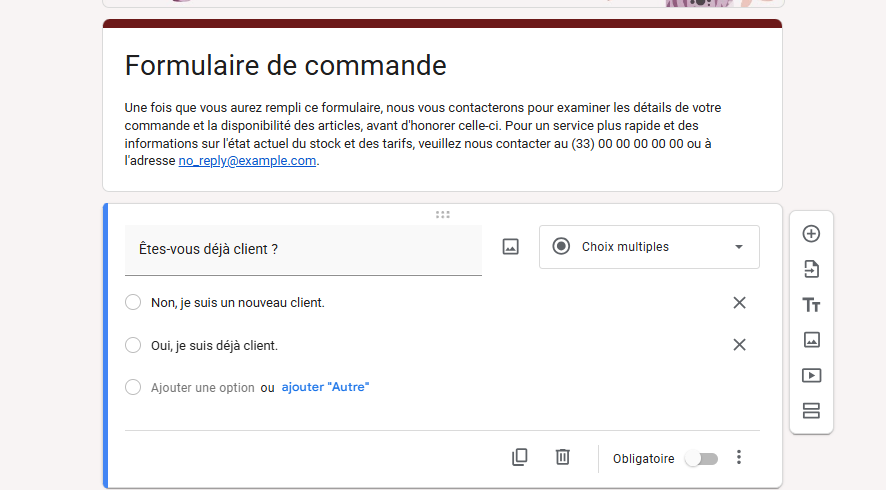 Capture d'écran d'un formulaire de commande avec une question à chois multiples dans Google Forms