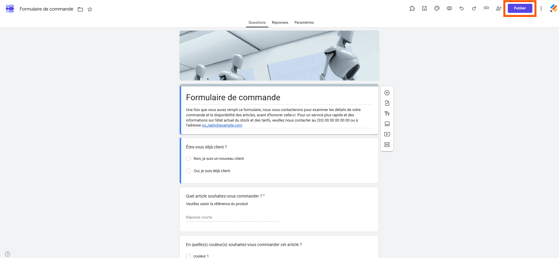 Capture d'écran d'un formulaire dans Google Forms avec un encadré autour du bouton Publier
