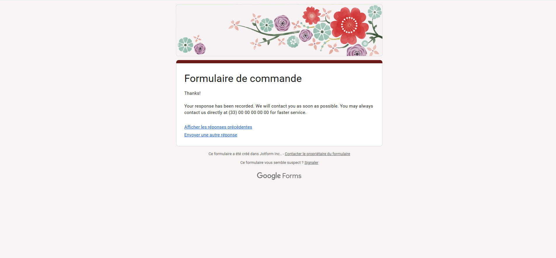 Capture d'écran de la page de remerciement d'un formulaire Google Forms dont les réponses viennent d'être soumises et montrant les options Afficher les réponses précédentes et Envoyer une autre réponse