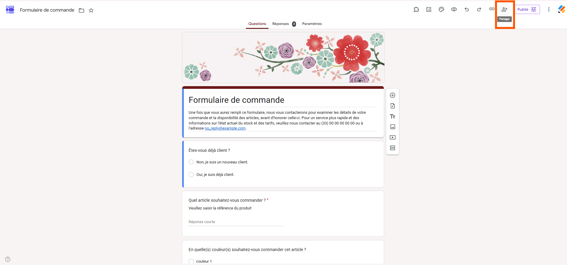 Capture d'écran d'un formulaire dans Google Forms avec un encadré autour de l'icône Partager