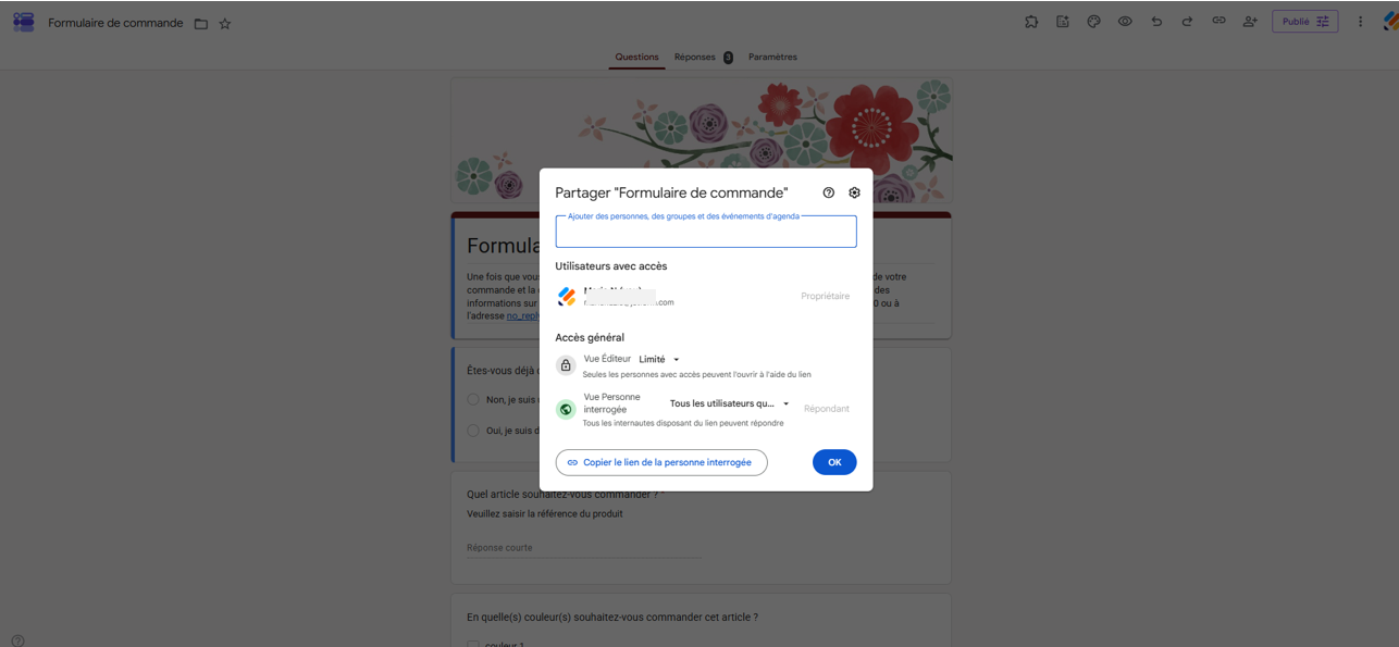 Capture d'écran d'un formulaire dans Google Forms avec la fenêtre Partager montrant un champ de saisie des adresses des destinataires