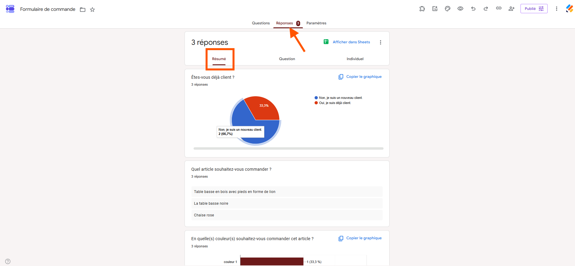 Capture d'écran de l'onglet Réponses d'un formulaire dans Google Forms avec une flèche vers l'onglet et un encadré autour de Résumé