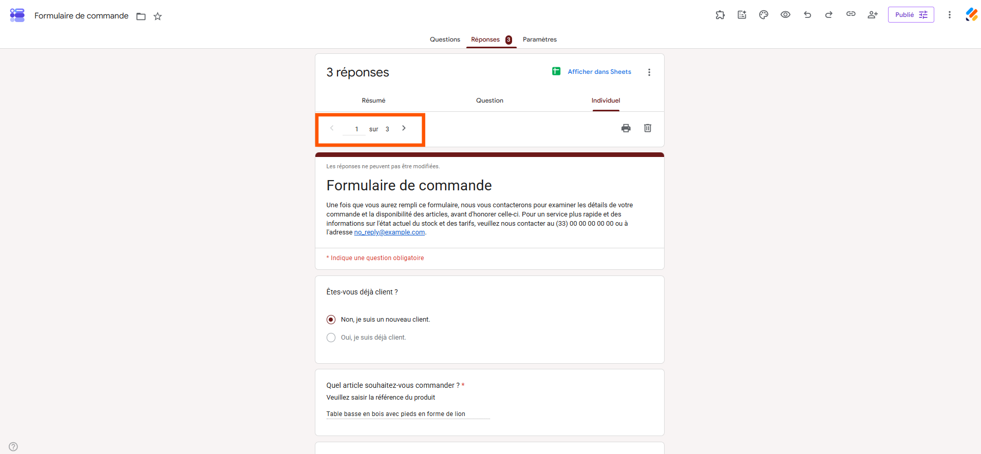 Capture d'écran de l'onglet Réponses d'un formulaire dans Google Forms avec un encadré autour du nombre de réponses sur le total du nombre de réponses dans l'onglet Individuel