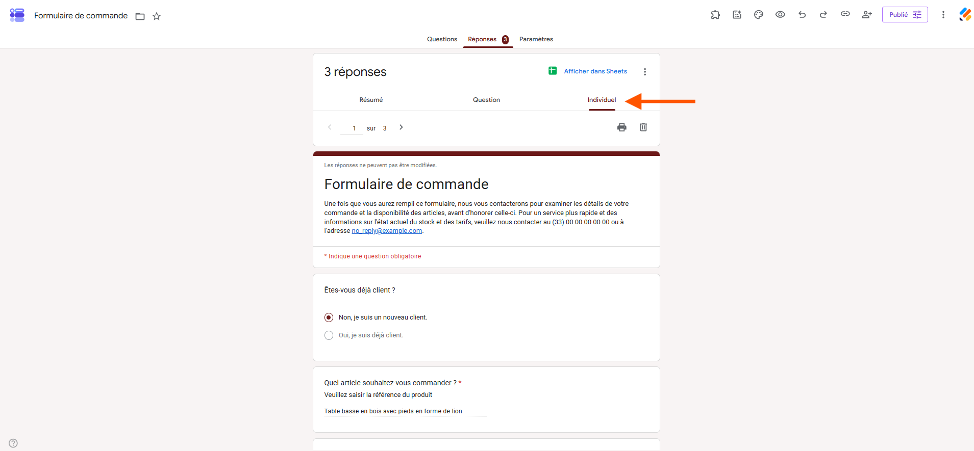 Capture d'écran de l'onglet Réponses d'un formulaire dans Google Forms avec une flèche pointant vers l'onglet Individuel