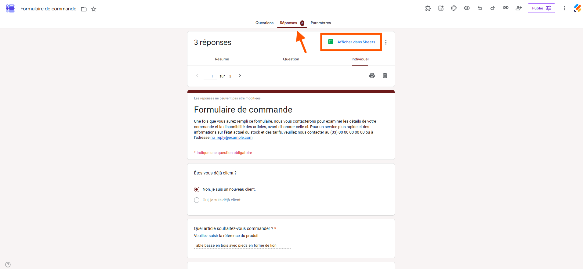 Capture d'écran de l'onglet Réponses d'un formulaire dans Google Forms avec un encadré autour de Afficher dans Sheets