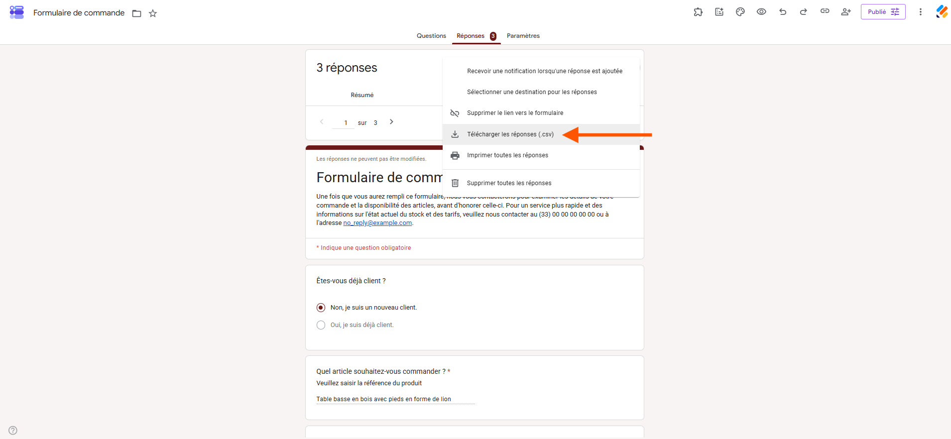 Capture d'écran du formulaire dans Google Sheets avec une flèche pointant vers Télécharger les réponses