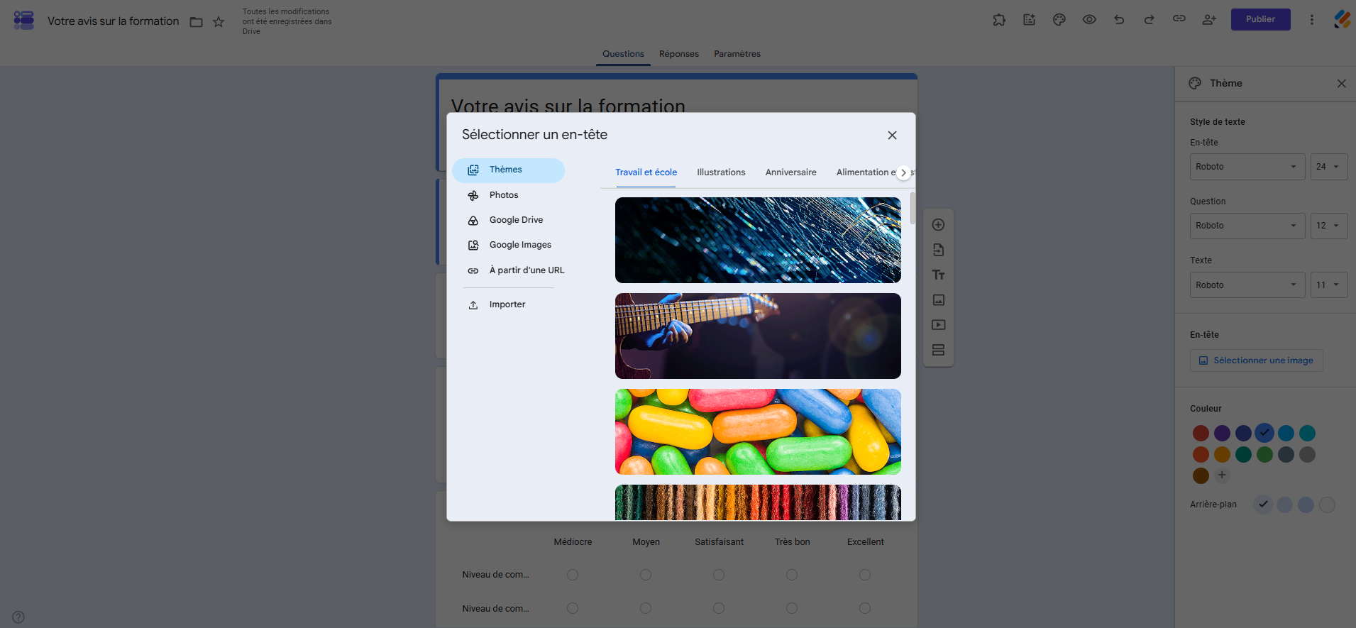Capture d'écran d'un formulaire dans Google Forms avec la fenêtre Sélectionner un en-tête