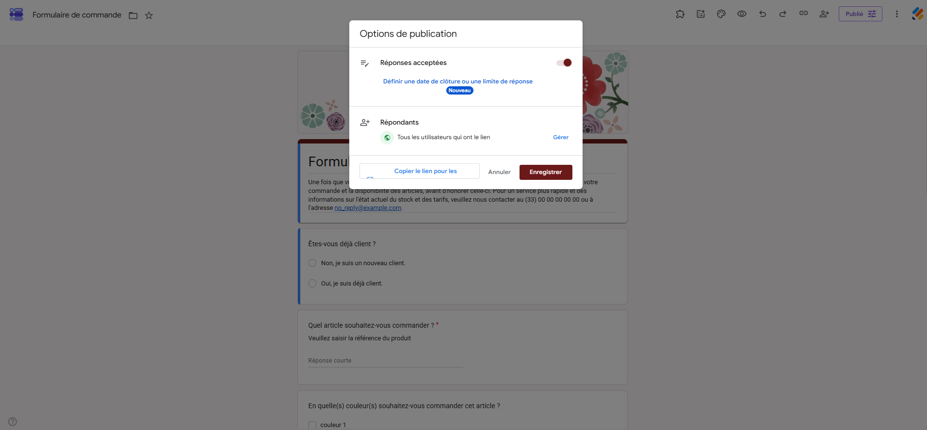 Capture d'écran d'un formulaire publié dans l'interface Google Forms avec la fenêtre Options de publication et Réponses acceptées activé