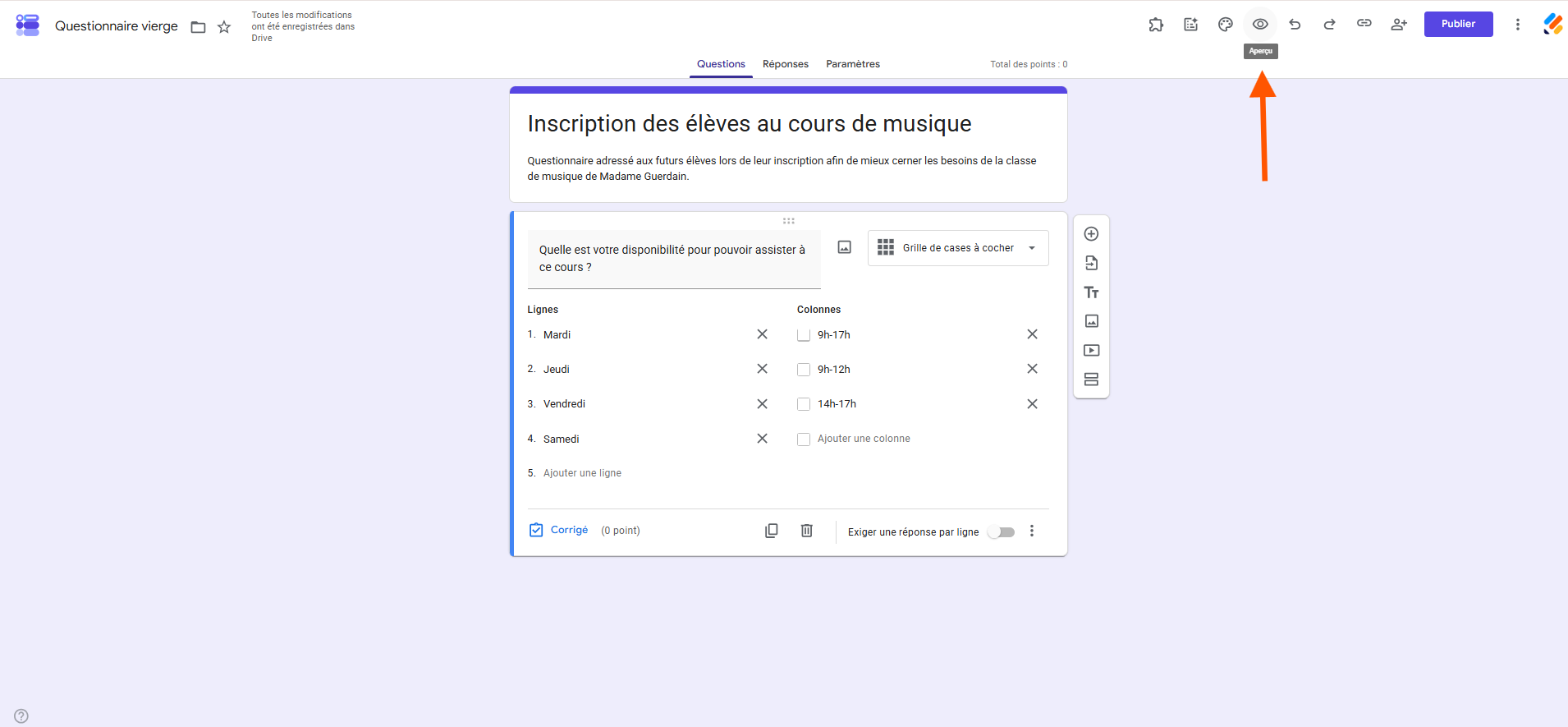 Capture d'écran d'une question entièrement modifiée dans un formulaire Google Forms au format grille de cases à cocher, prêt à être prévisualisé