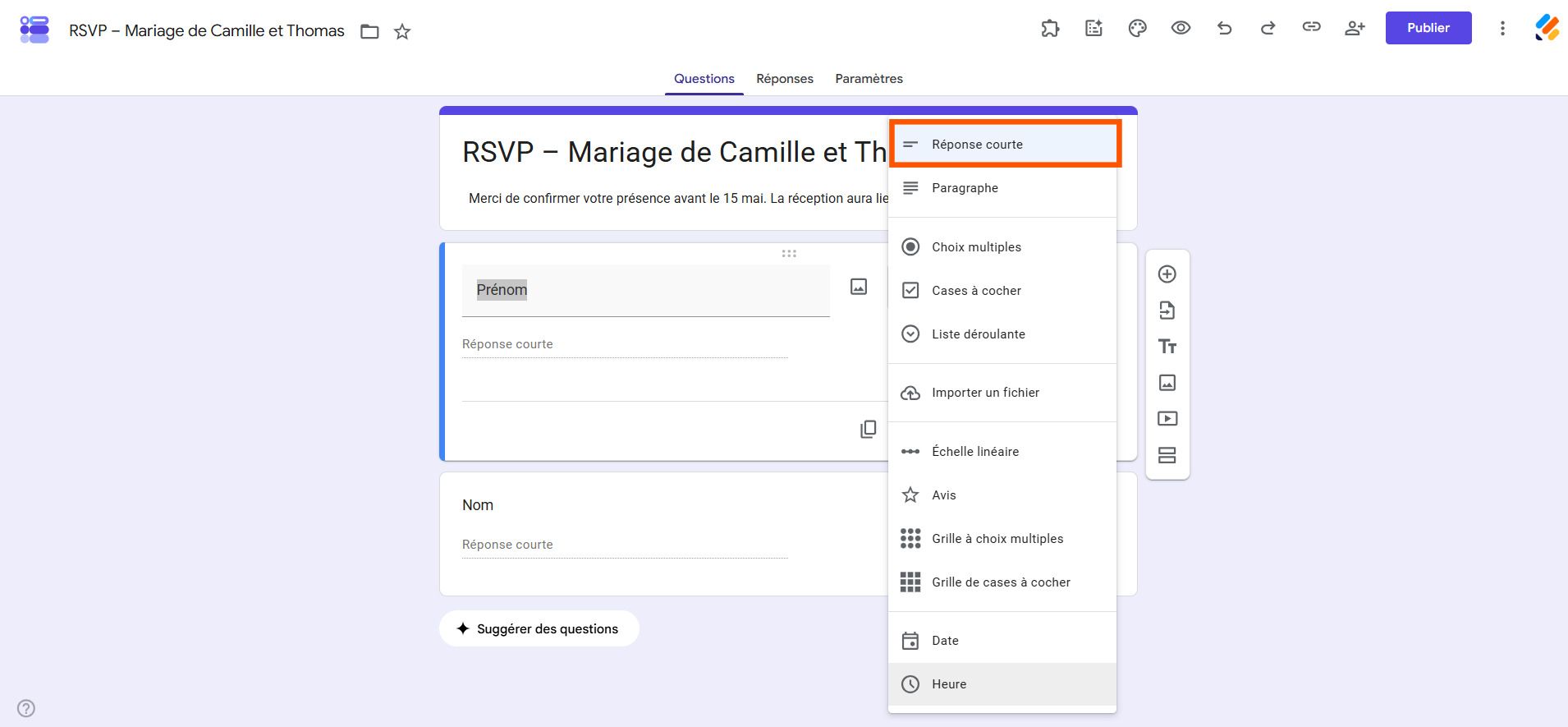Capture d'écran de l'éditeur Google Forms, avec un encadré autour de l'option Réponse courte