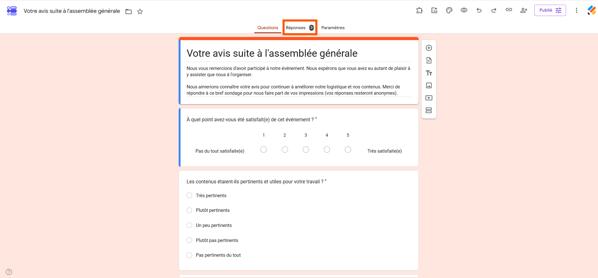 Capture d'écran d'un formulaire dans Google Forms avec un encadré autour de l'onglet Réponses