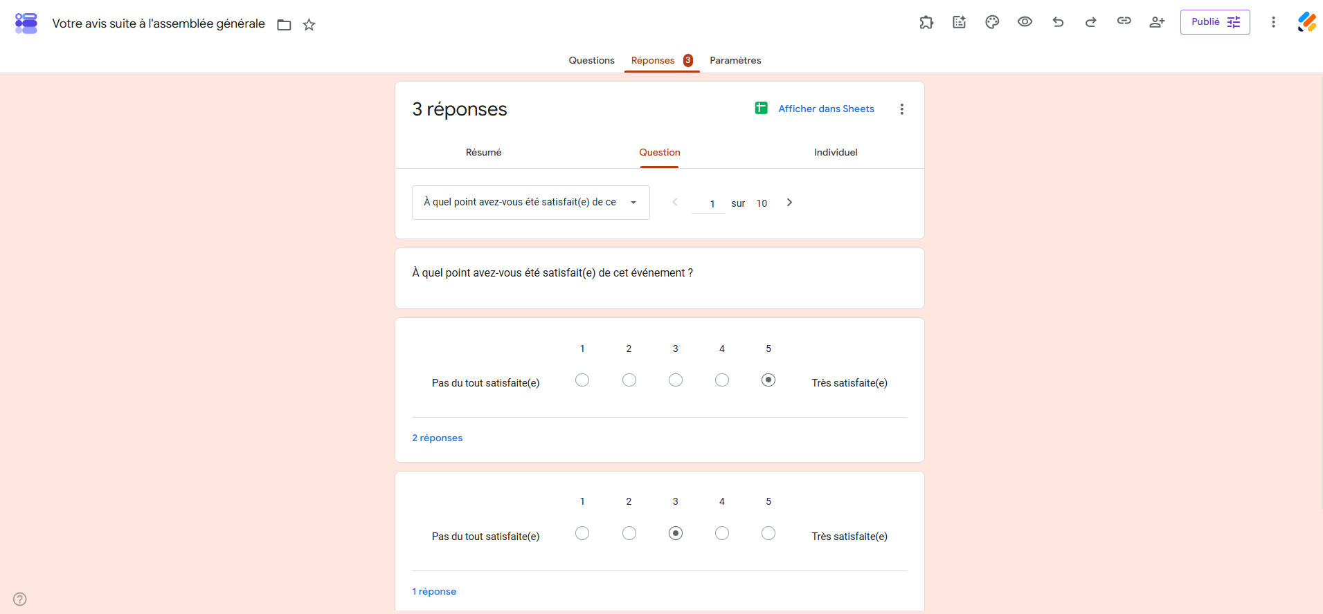 Capture d'écran de l'onglet Réponses d'un formulaire dans Google Forms avec la vue Question