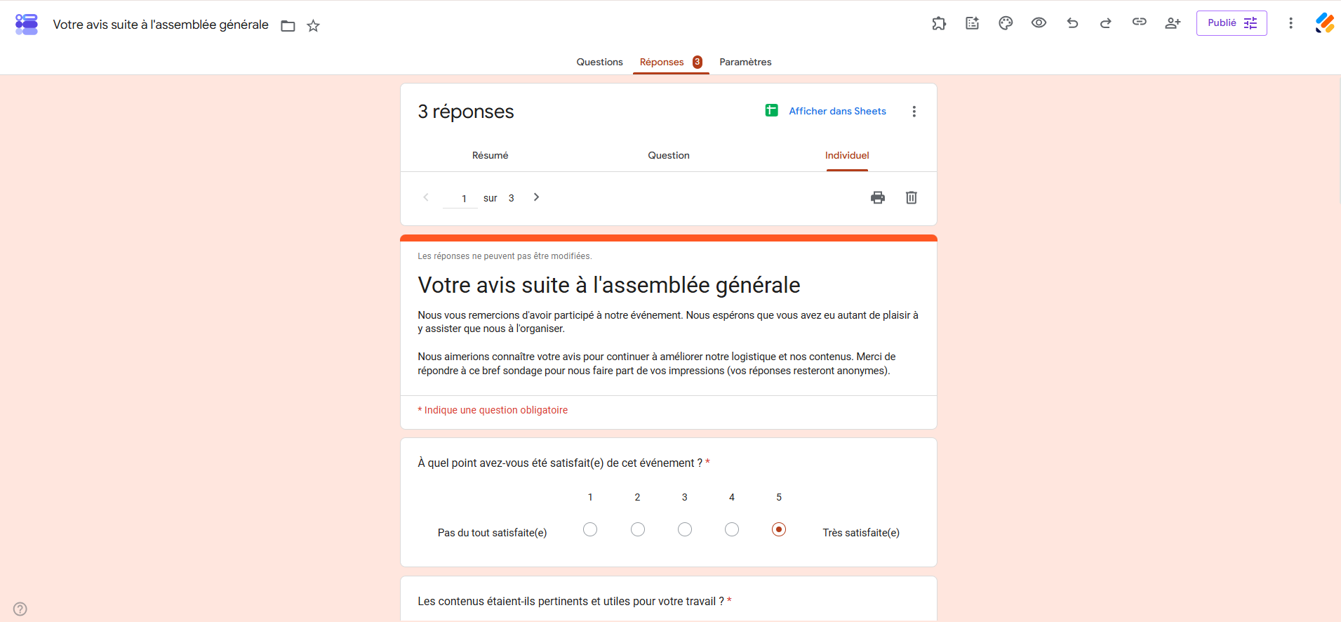 Capture d'écran de l'onglet Réponses d'un formulaire dans Google Forms avec la vue Individuel
