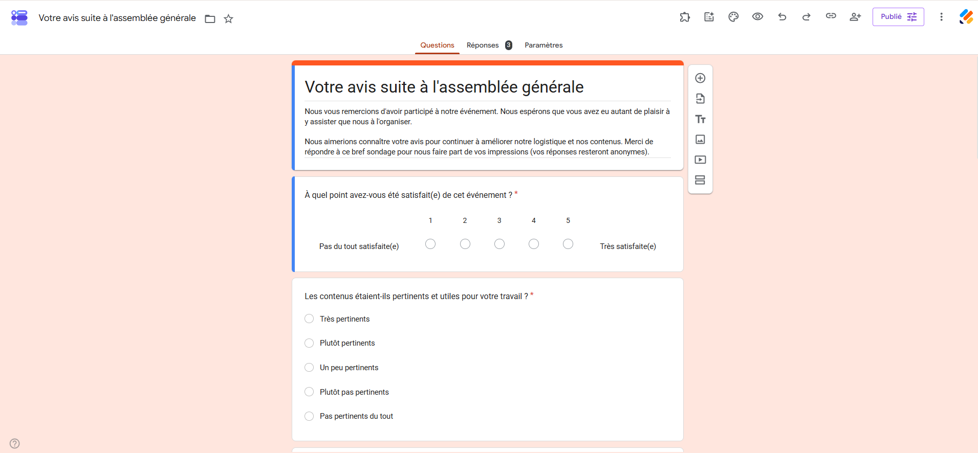 Capture d'écran d'un formulaire dans Google Forms