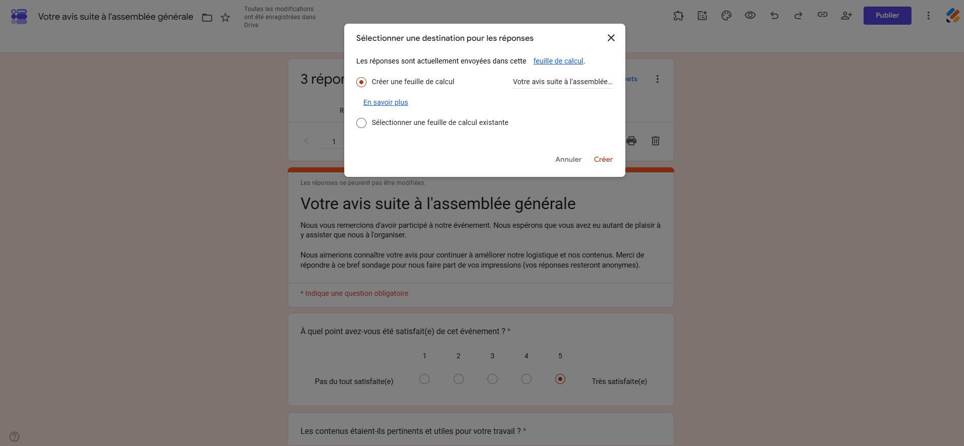 Capture d'écran de la fenêtre Sélectionner une destination pour les réponses dans Google Forms avec le bouton Créer