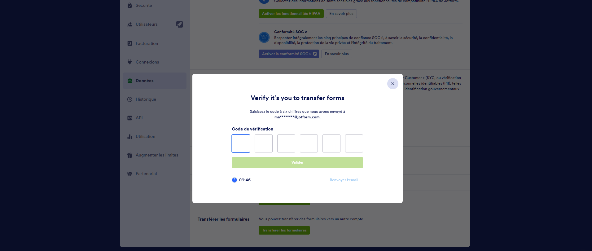 Capture d'écran de la fenêtre de vérification sur la page Données du compte Jotform