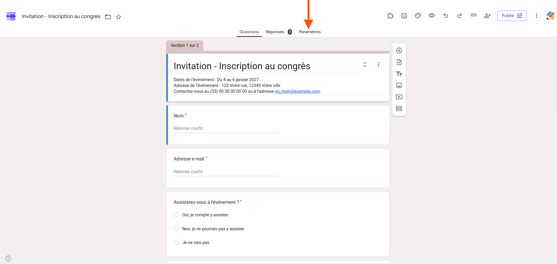 Capture d'écran du formulaire Google Forms avec une flèche pointant vers l'onglet Paramètres