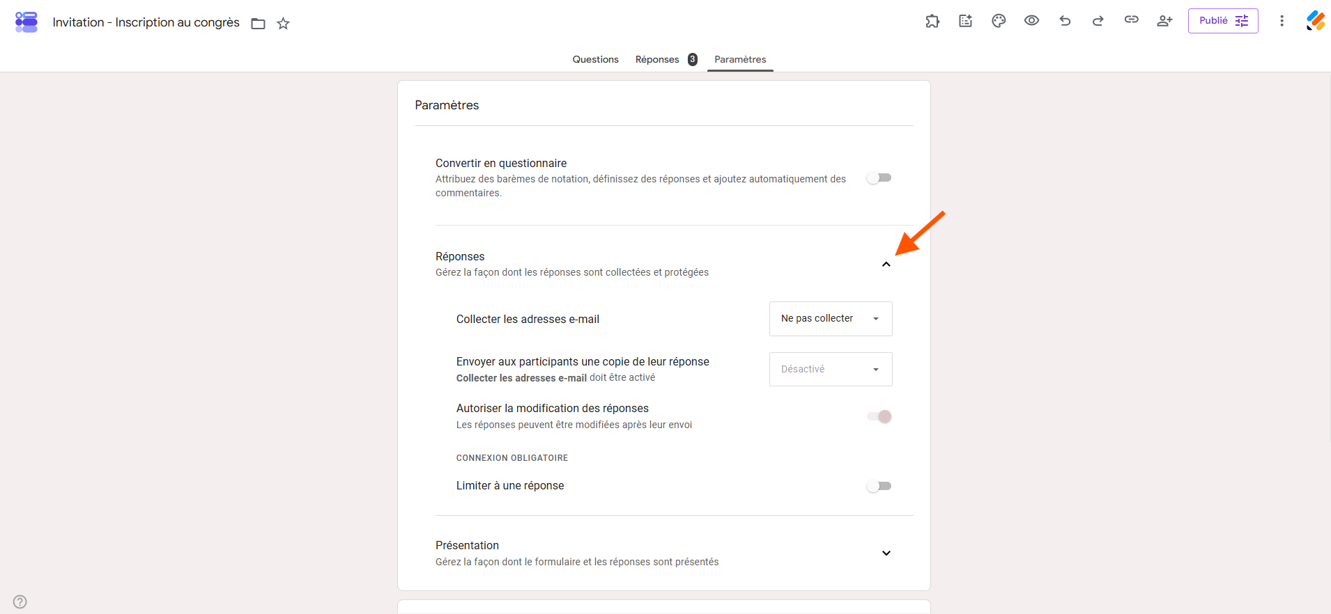 Capture d'écran de l'onglet Paramètres du formulaire Google Forms avec une flèche pointant vers la section Réponses