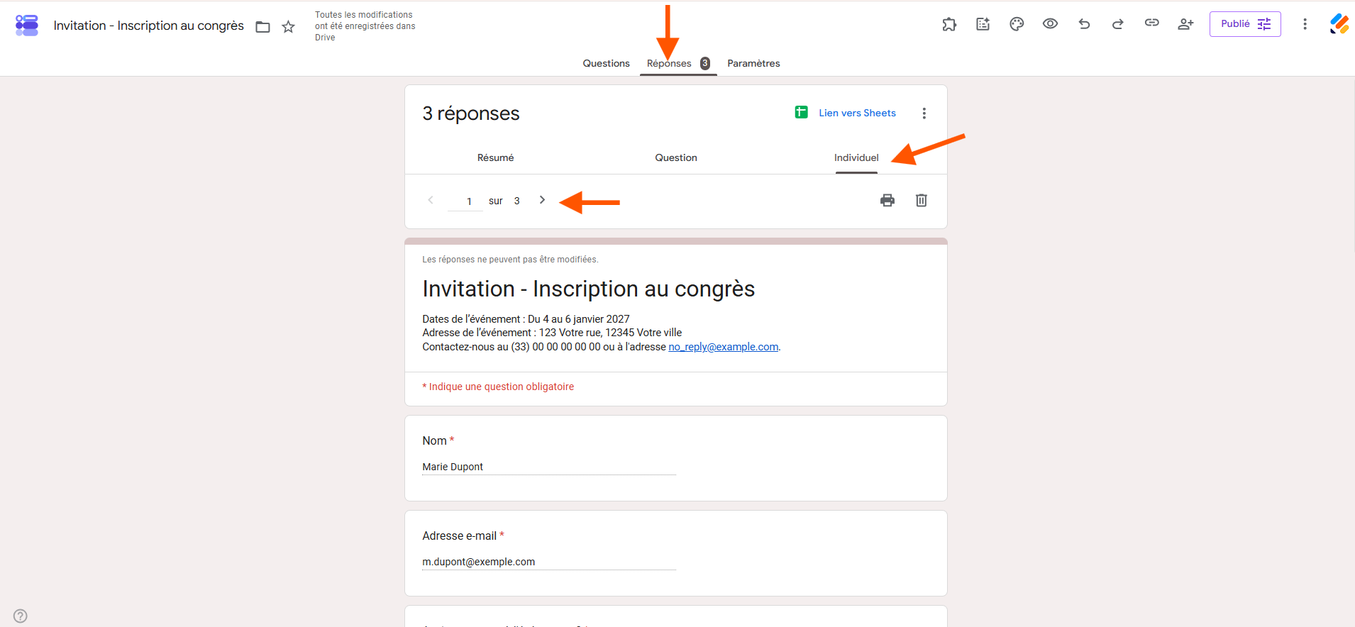 Capture d'écran de la vue Réponses du formulaire Google Forms avec une flèche pointant vers Réponses, une autre vers Individuel et une troisième vers la commande Suivant