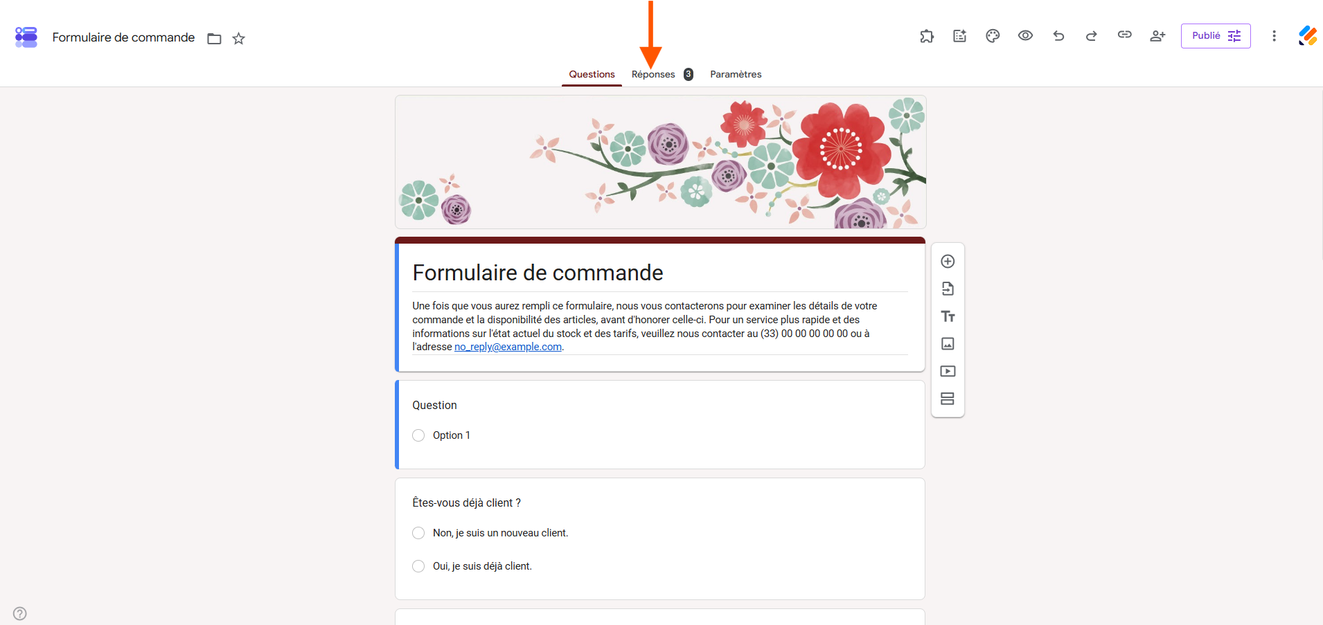 Capture d'écran d'un formulaire Google Forms avec une flèche pointant vers la vue Réponses