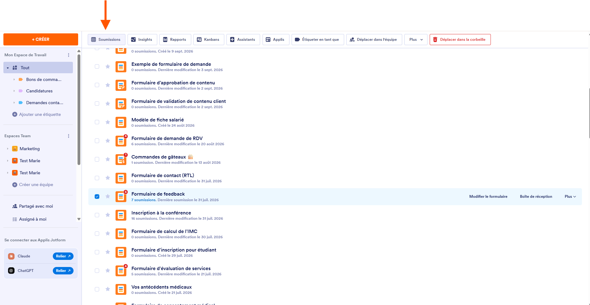 Capture d'écran de la page Mon Espace de Travail dans l'interface Jotform avec un formulaire sélectionné et une flèche pointant vers Soumissions