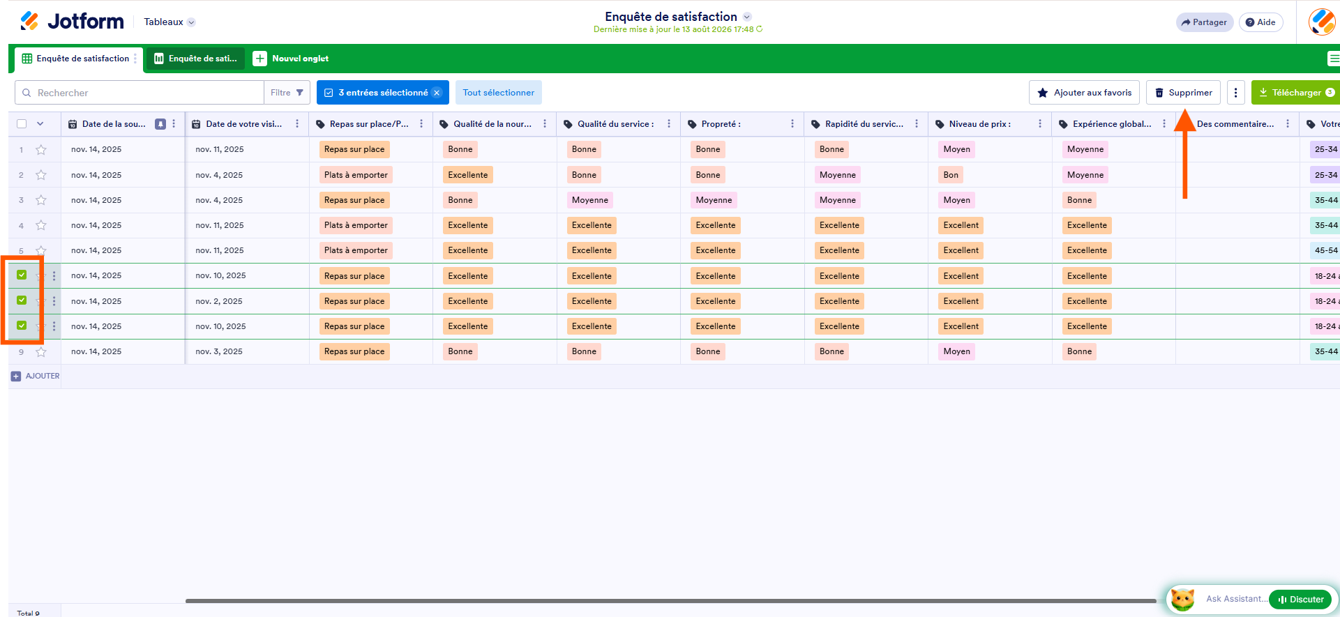 Capture d'écran d'un tableau Jotform répertoriant les réponses du formulaire sélectionné avec un encadré autour de trois soumissions sélectionnées et une flèche pointant vers Supprimer