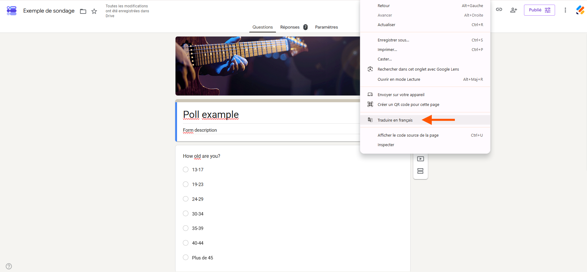 Capture d'écran d'un formulaire Google Forms avec une flèche pointant vers Traduire en français dans le menu du clic droit