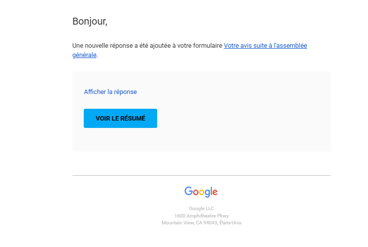 Capture d'écran d'un exemple de notification par email reçue après une nouvelle réponse à un formulaire Google