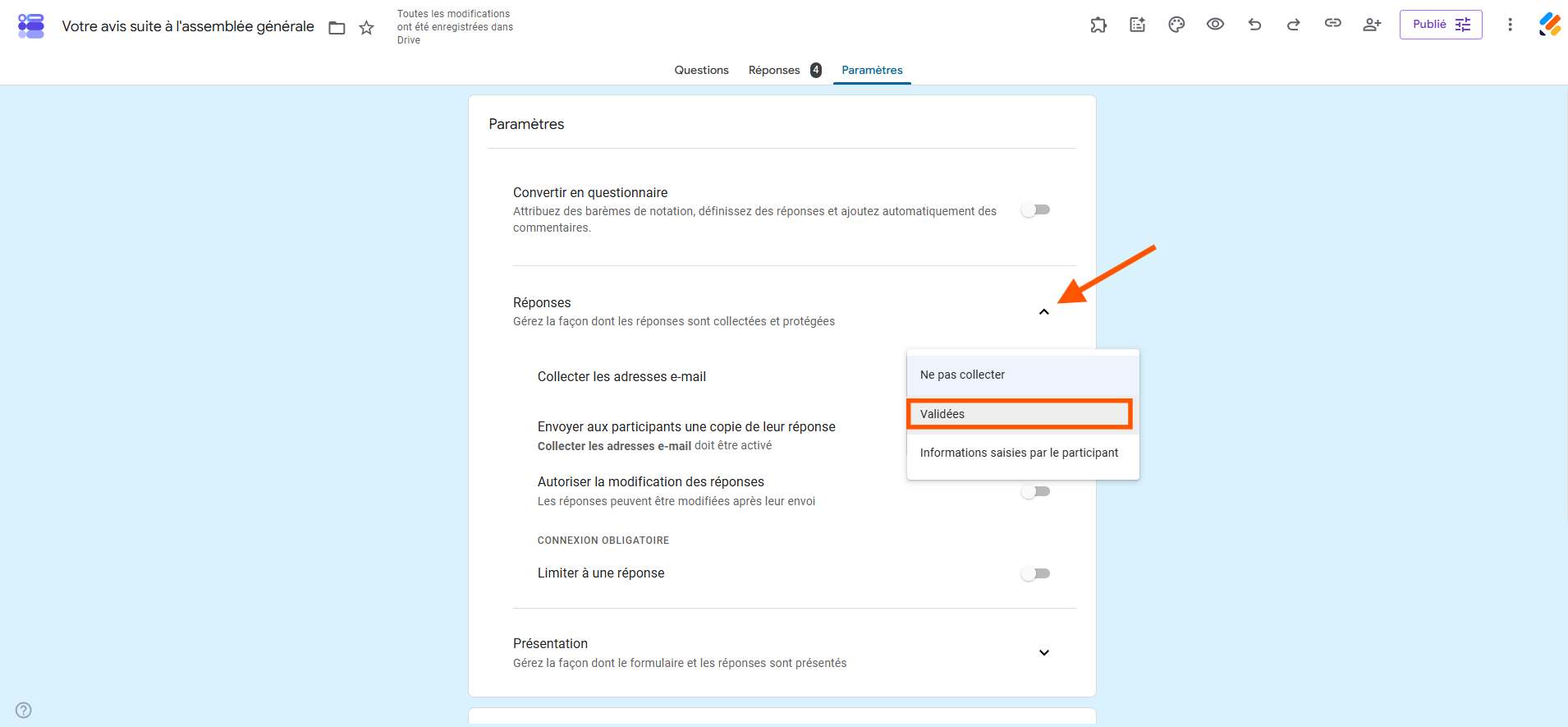 Capture d'écran de l'onglet Paramètres dans Google Forms avec une flèche en regard de Réponses et un encadré autour de l'option Validées