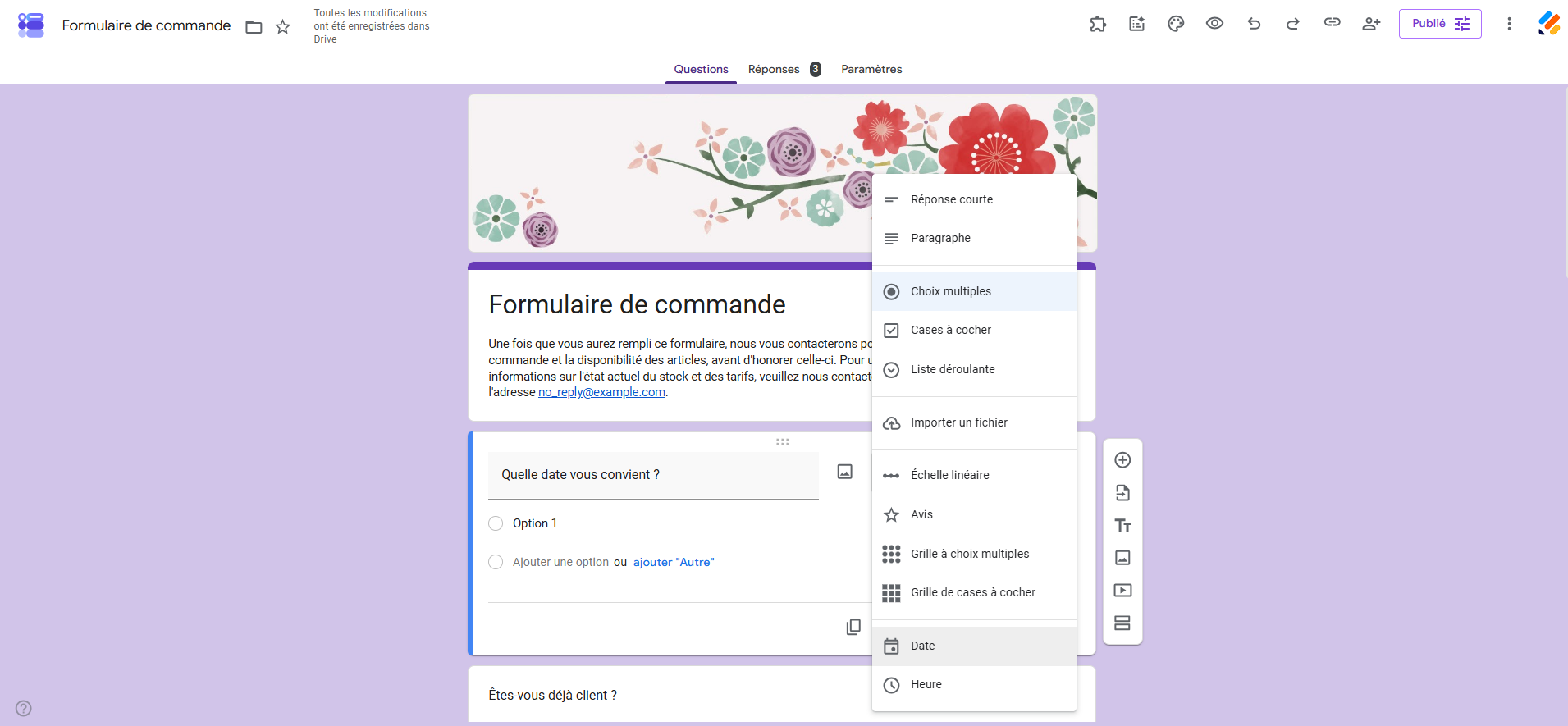 Capture d'écran d'un formulaire Google Forms avec le menu des types de question ouvert et Date sélectionné