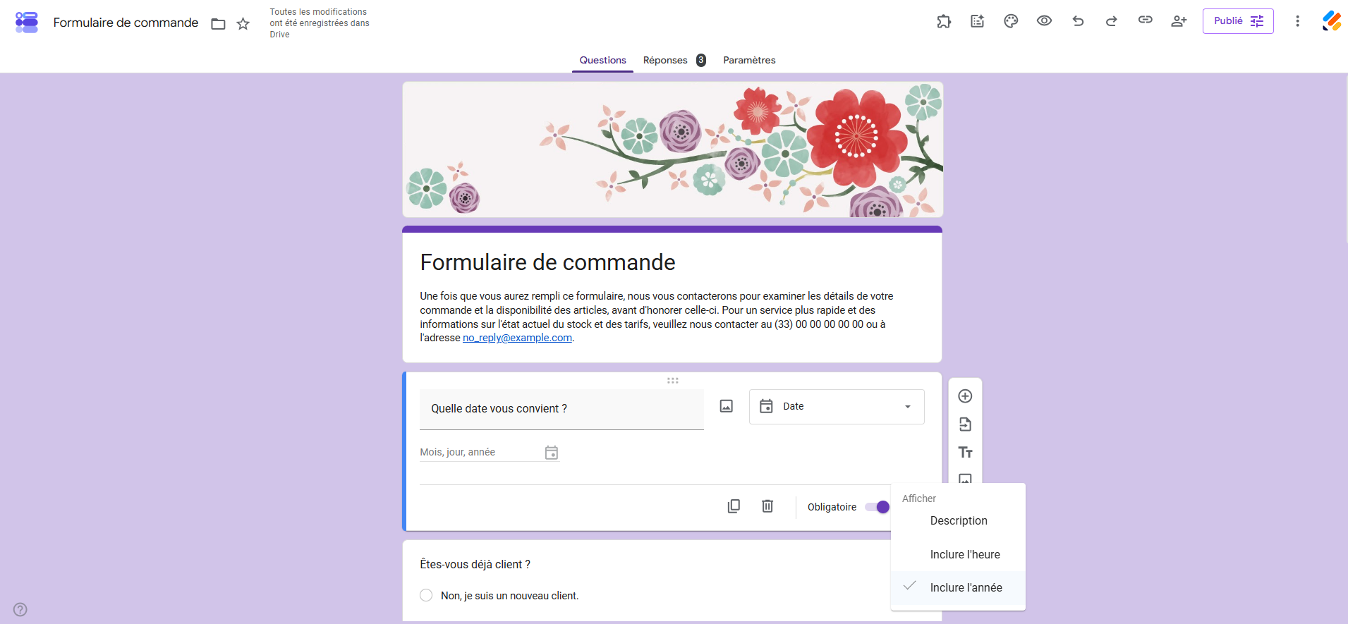 Capture d'écran d'un formulaire Google Forms avec une question Date et le menu des trois points ouvert