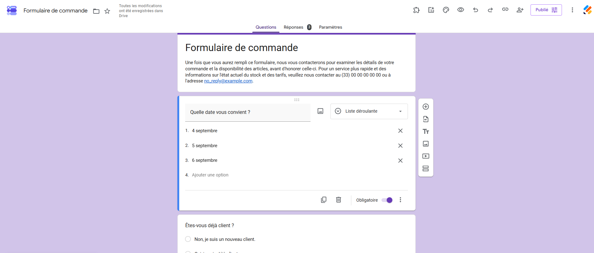 Capture d'écran d'un formulaire Google Forms avec une question Liste déroulante et les options de réponse