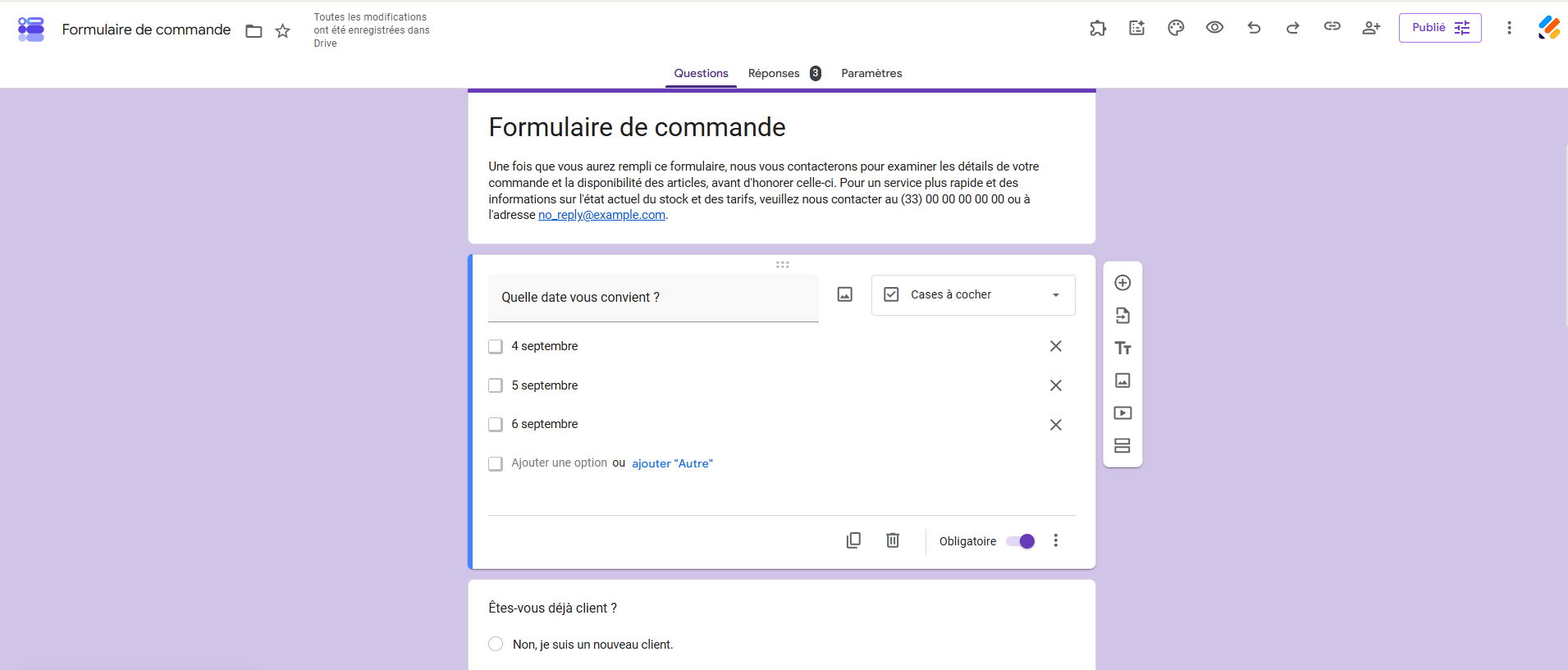 Capture d'écran d'un formulaire Google Forms avec une question Cases à cocher et les options de réponse