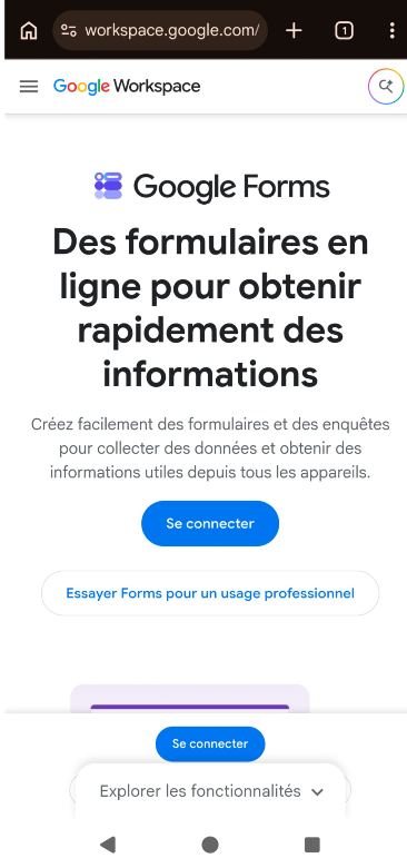 Capture d'écran d'un navigateur mobile affichant la page d'accueil de Google Forms