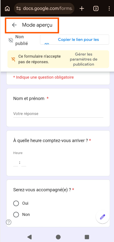 Capture d'écran du formulaire Google Forms sur téléphone en mode aperçu
