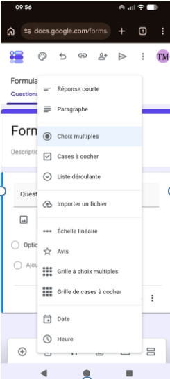 Capture d'écran du menu des types de question d'un formulaire Google Forms sur téléphone