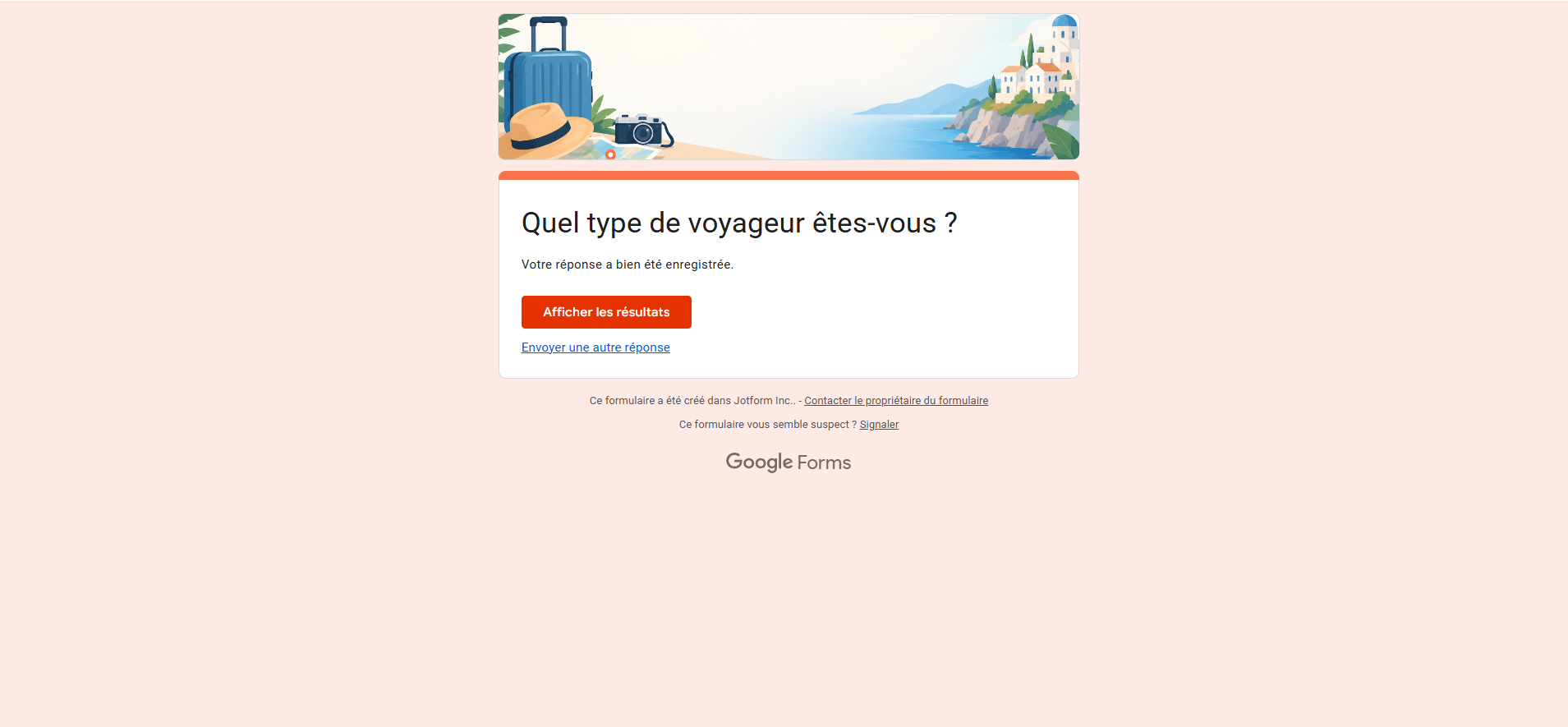 Capture d'écran d'un message Google Forms après avoir répondu au formulaire