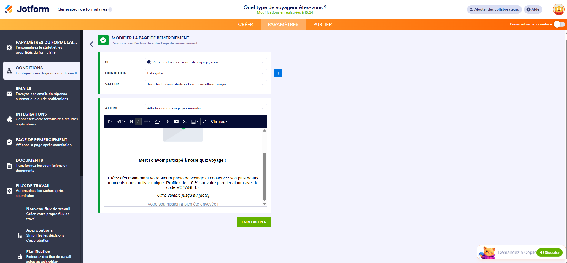 Capture d'écran de l'interface du Générateur de formulaires Jotform avec la page Modifier la page de remerciement et le message personnalisé