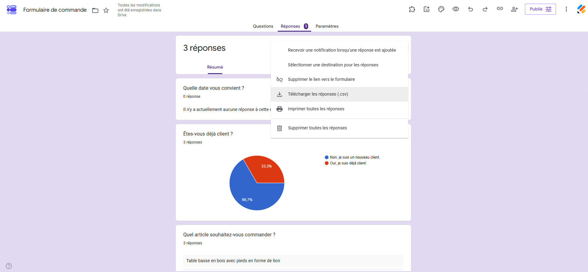 Capture d'écran de l'onglet Réponses d'un formulaire Google Forms avec l'option Télécharger les réponses sélectionnée