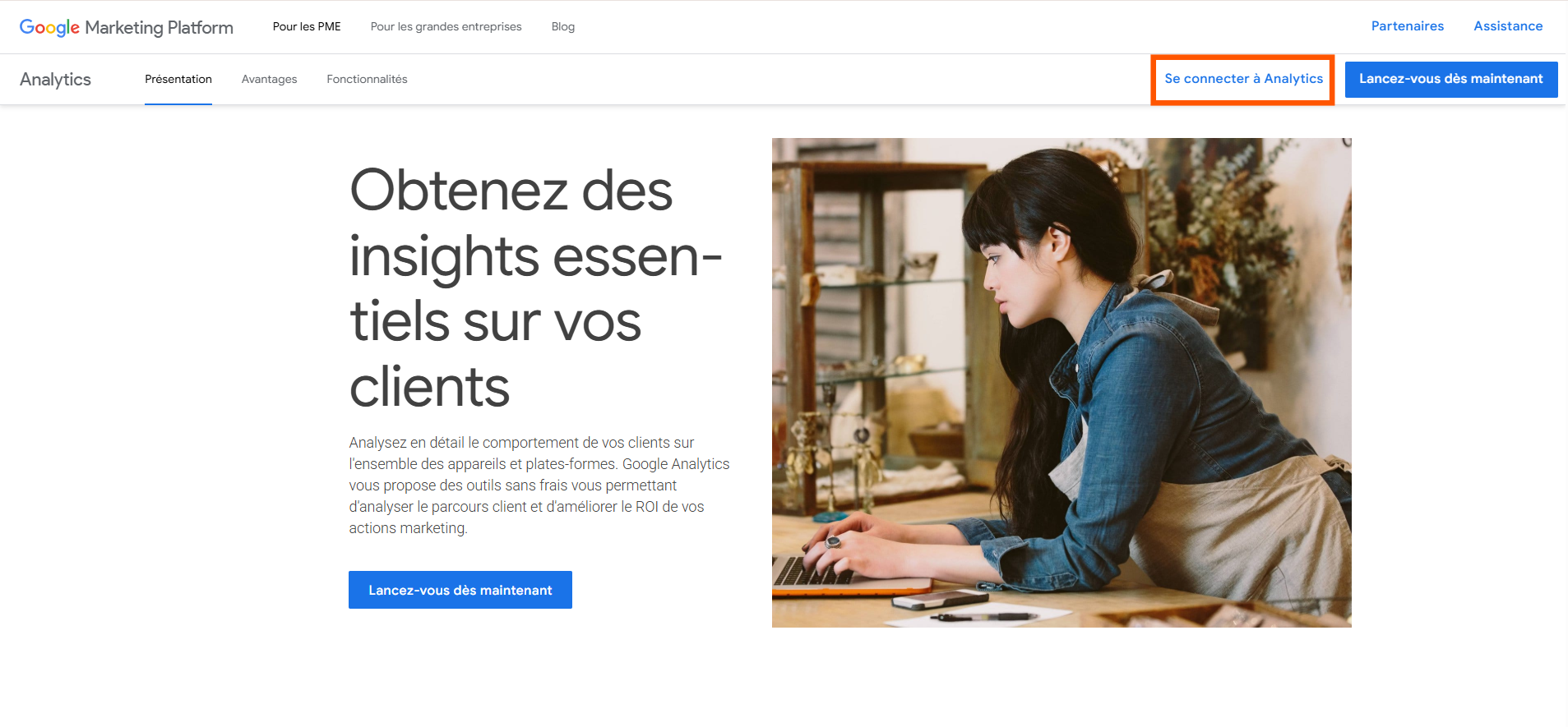 Page d'accueil du site Google Analytics avec le bouton Se connecter à Analytics