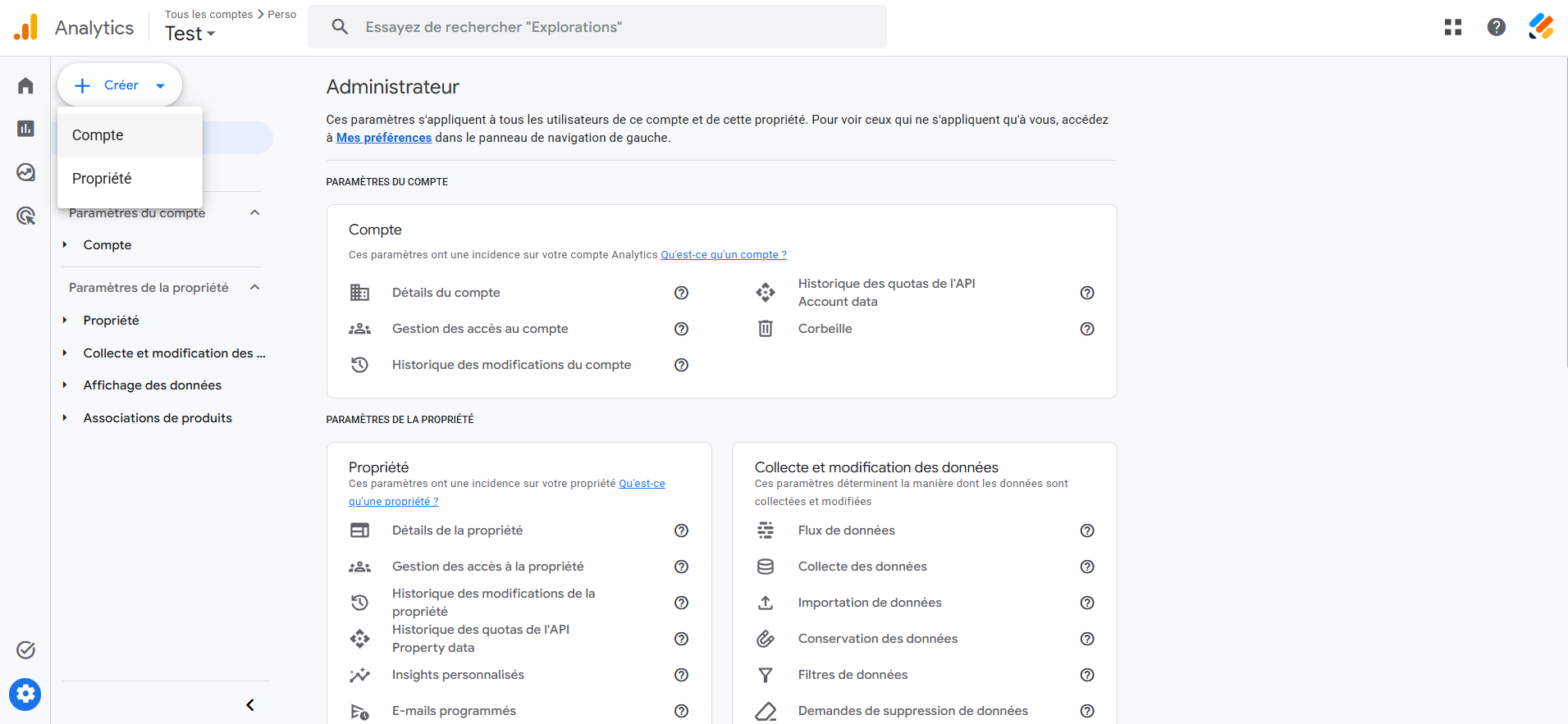 Capture d'écran de l'écran Administration dans l'interface Google Analytics avec Créer et Compte sélectionné