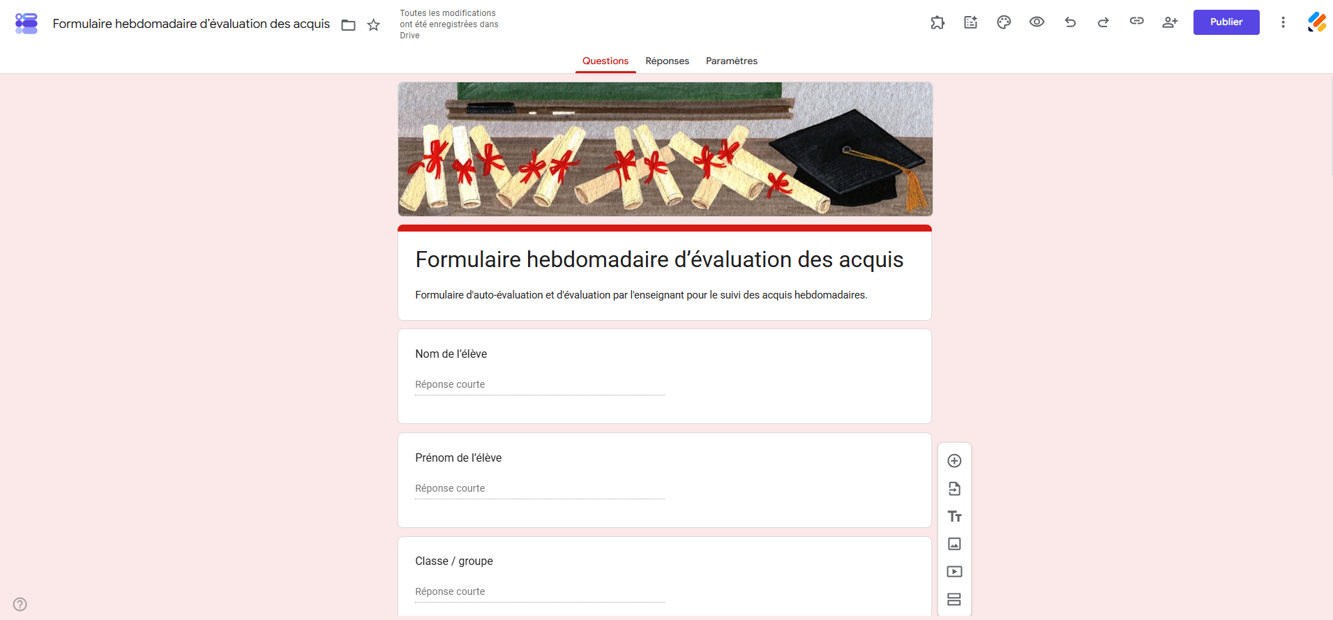 Capture d'écran du formulaire hebdomadaire d'évaluation des acquis finalisé dans Google Forms